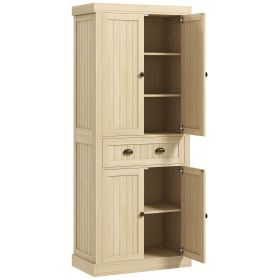 72" Kitchen Cabinet, Kitchen Pantry Cabinet with 4 Doors, 2 Adjustable Shelves and Drawer, Nature Wood